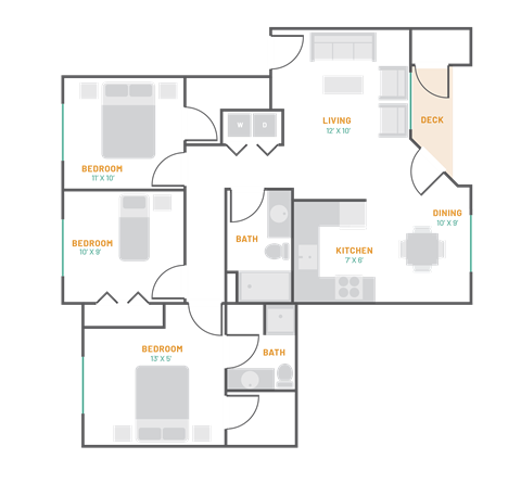 Floor plan for 3 beds, 2 baths, 1165 sqft